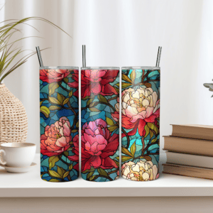 Stained Glass Tumbler Wrap | Peonies Tumbler | Stained Glass Peonies Tumbler Wrap | 20 oz Tumbler Wrap | Waterslide Tumbler Wrap PNG