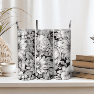 Black And White Flower Tumbler Wrap | Tattoo Tumbler Design | Black White Tumbler Wrap | Old School Tumbler Sublimation Design | Floral Sublimation Tumbler PNG | Tumbler Wrap PNG