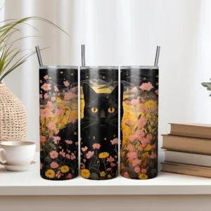 Black Cat and Wildflowers Tumbler Wrap Design