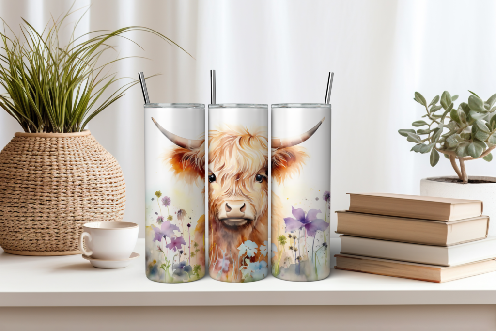 Highland Cow with Flowers | Sublimation Tumbler Wrap Design - Pixels ...