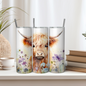 Highland Cow with Flowers Tumbler Wrap Design