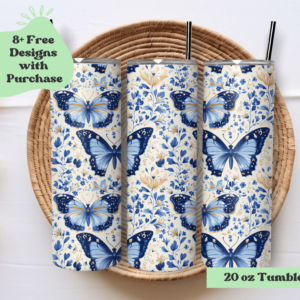 Blue Butterflies and Gold Florals | Sublimation Tumbler Wrap Design