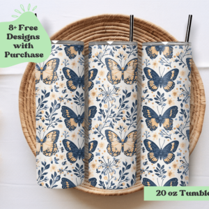 Blue and Yellow Butterflies and Florals | Sublimation Tumbler Wrap Design