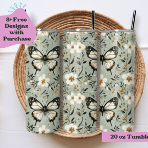Sage Butterflies and Floral | Sublimation Tumbler Wrap Design