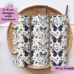 Blue Butterflies and Floral | Sublimation Tumbler Wrap Design