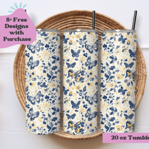 Blue and Yellow Butterflies and Florals Tumbler Wrap Design